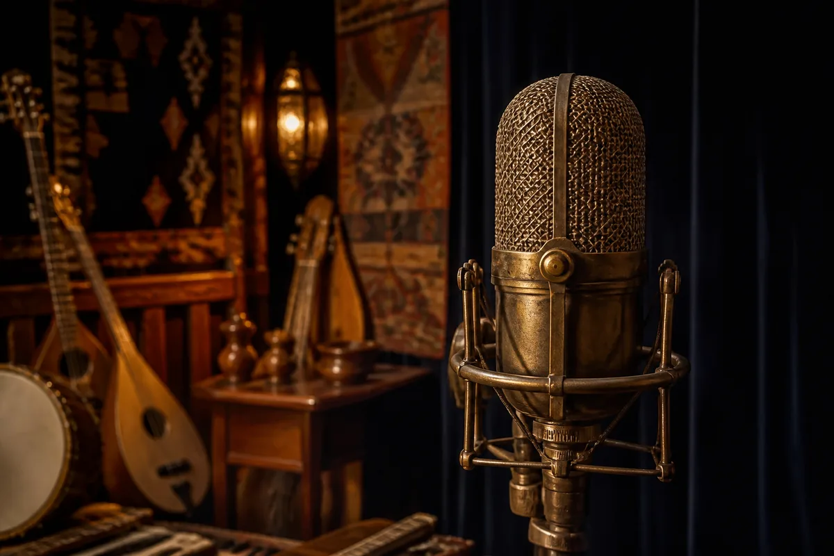 Un microphone de studio ancien devant un rideau sombre