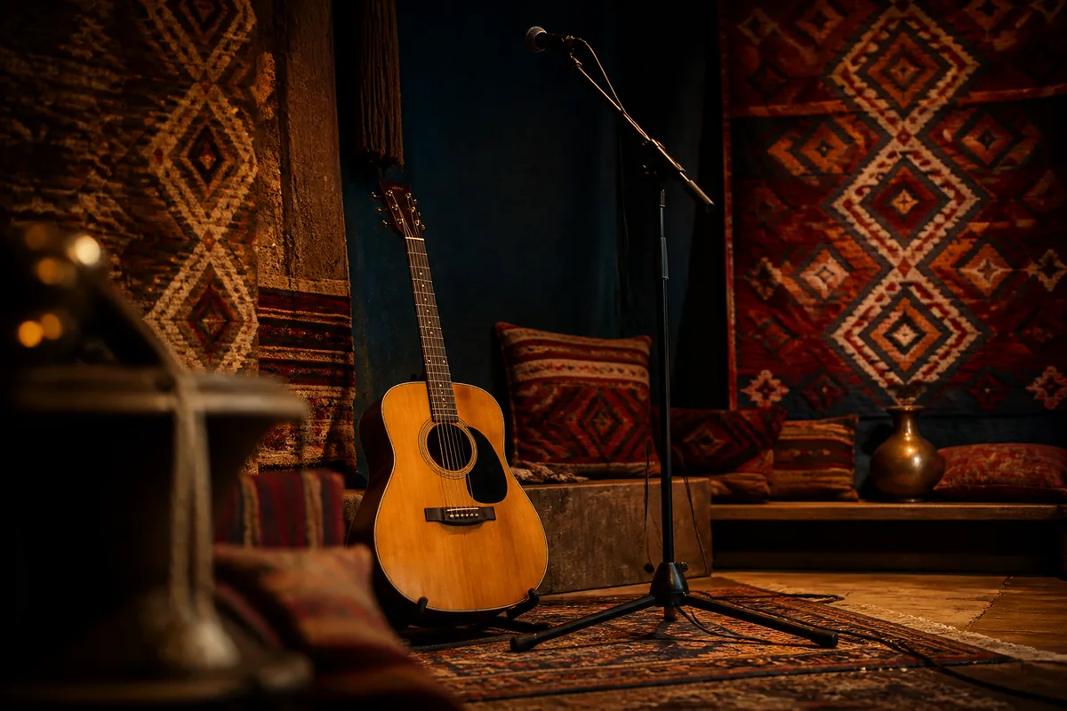 Une guitare acoustique et un pied de micro sur une petite scène