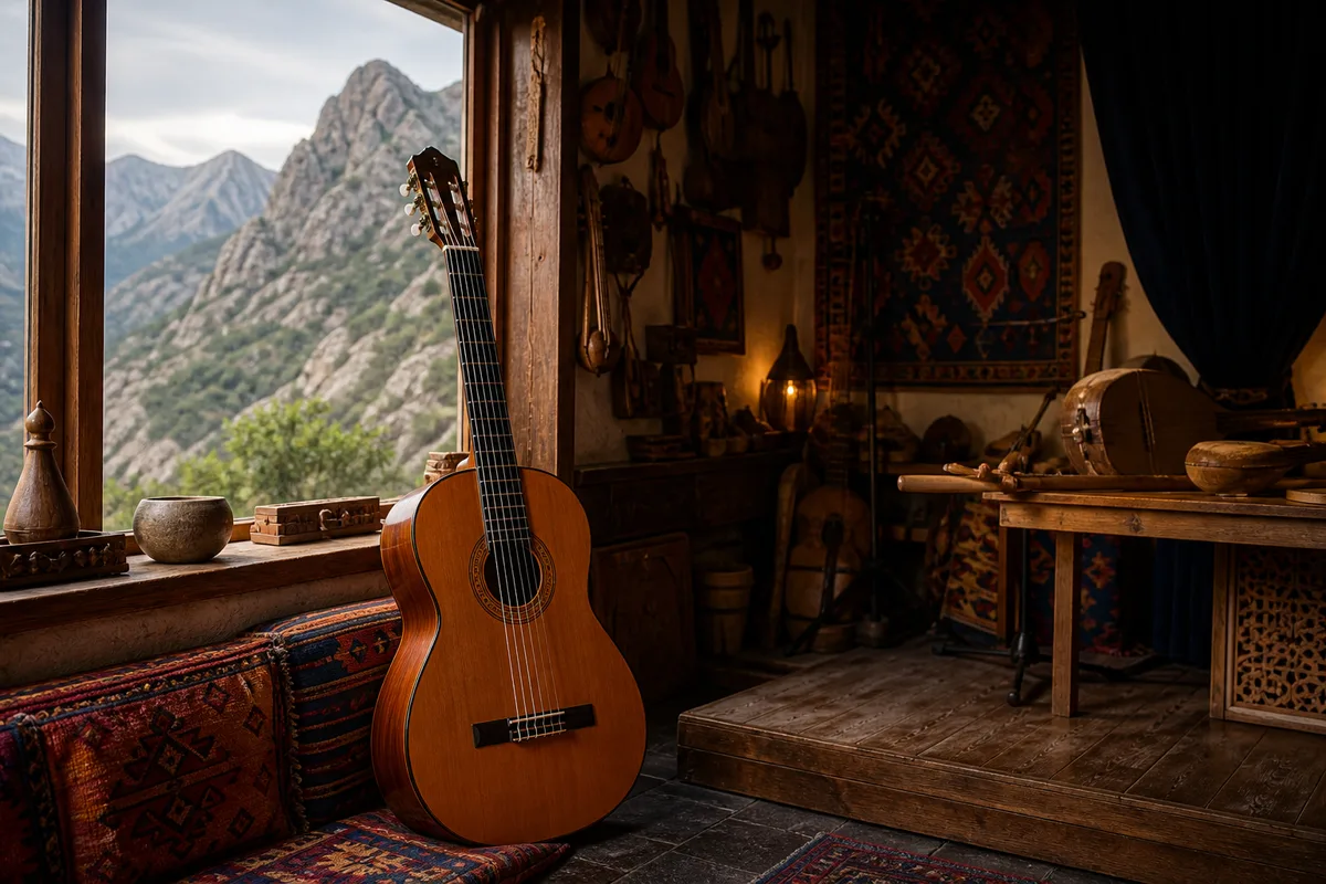 Une guitare classique posée près d&rsquo;une fenêtre donnant sur la montagne