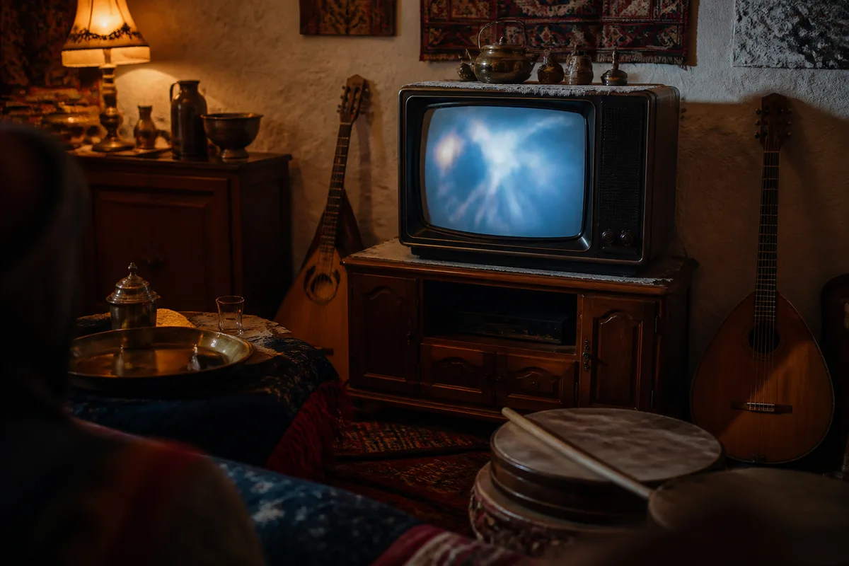 Un vieux poste de télévision allumé dans un salon familial
