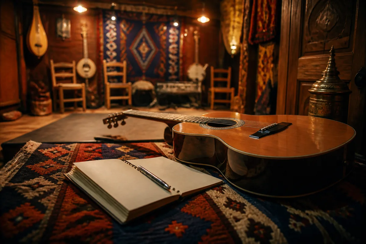 Un carnet de notes et un stylo posés près d&rsquo;une guitare
