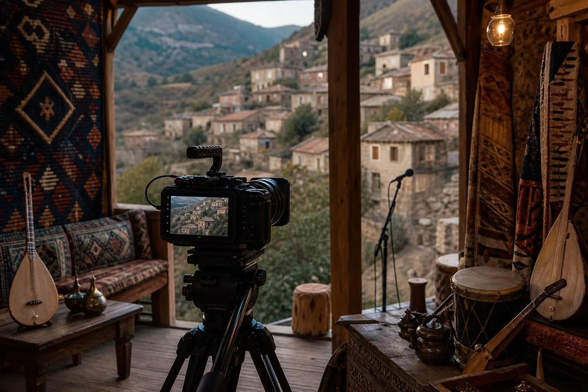 Une caméra de cinéma posée sur un trépied face à un village de montagne
