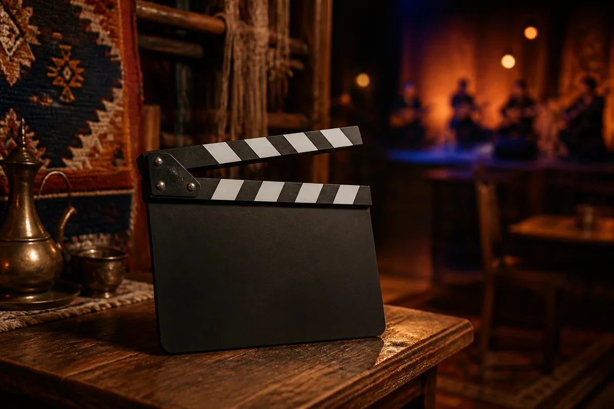 Un clap de cinéma posé sur une table en bois