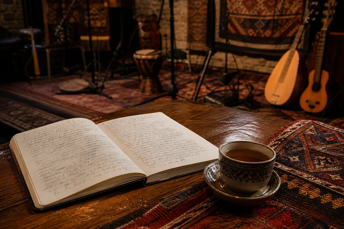 Un cahier manuscrit de paroles ouvert près d’une tasse de thé