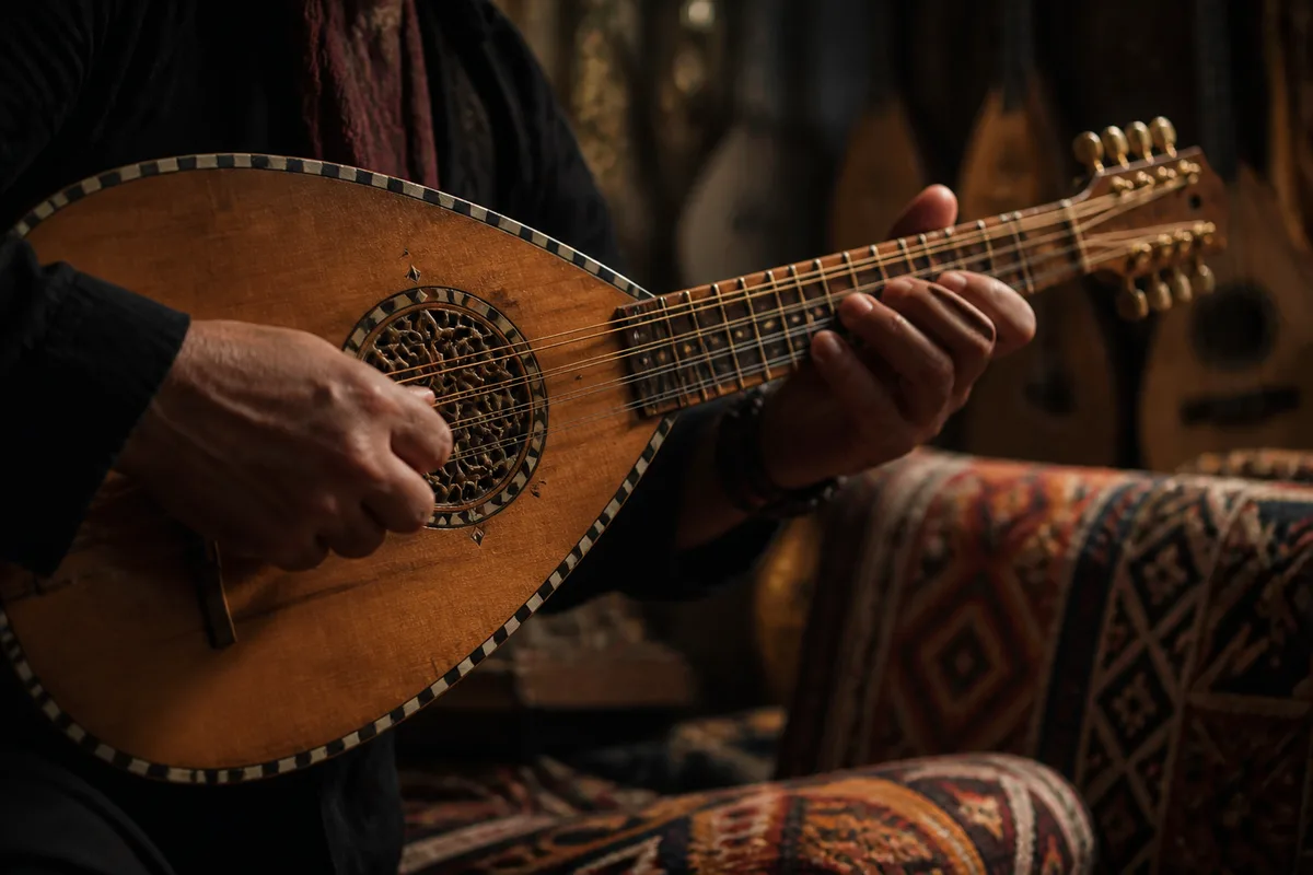 Mains d&rsquo;un musicien pinçant les cordes doublées d&rsquo;un mandole
