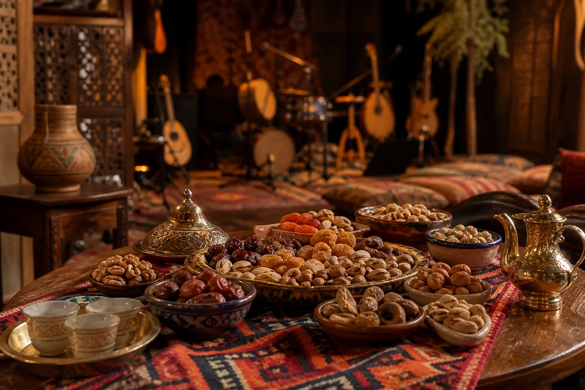 Une table de fête garnie de fruits secs et de vaisselle traditionnelle